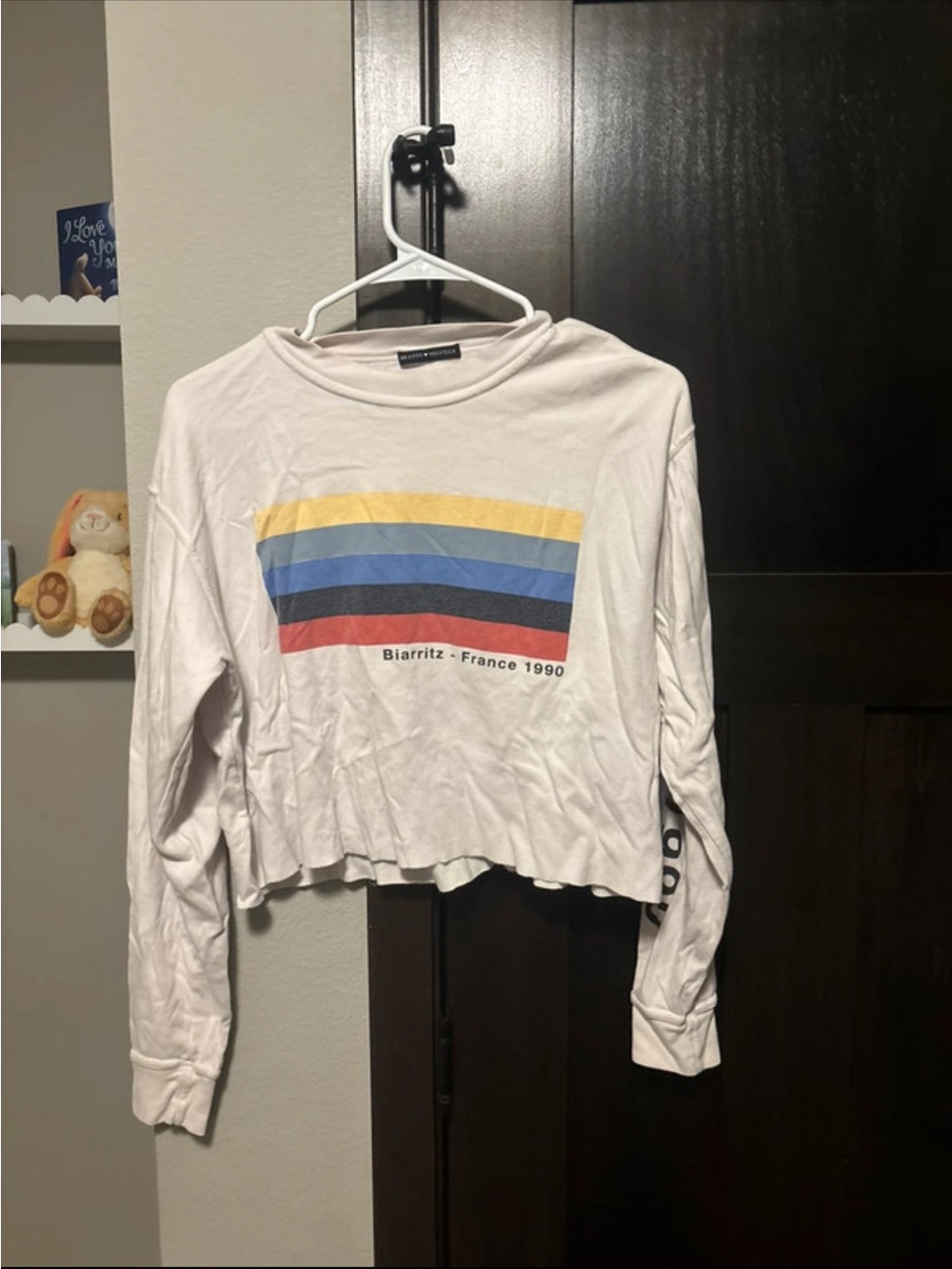 Brandy Melville White Cropped Long-Sleeve Top with Yellow Blue and Red Stripes